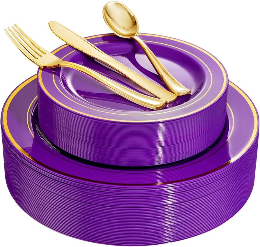 WELLIFE 200PCS Purple and Gold Plastic Plates, Includes 40 Dinner Plates, 40 Dessert Plates, 40 G... | Amazon (US)