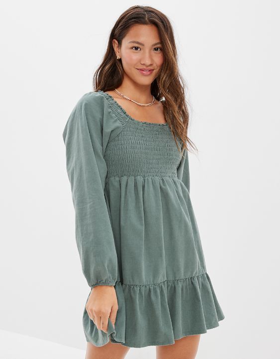 AE Long-Sleeve Smocked Corduroy Mini Dress | American Eagle Outfitters (US & CA)