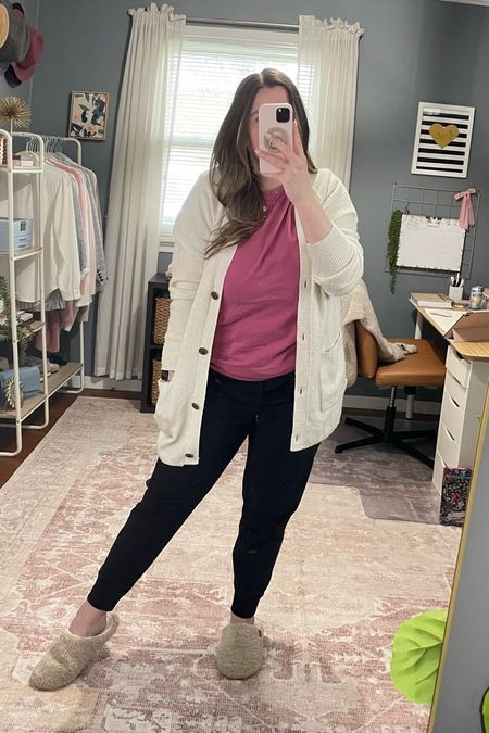 Casual work from home outfit 

Cardigan: tts and oversized (large)
T-shirt: men’s long large 
Joggers: large
Slippers: medium

#LTKstyletip #LTKfindsunder50 #LTKmidsize