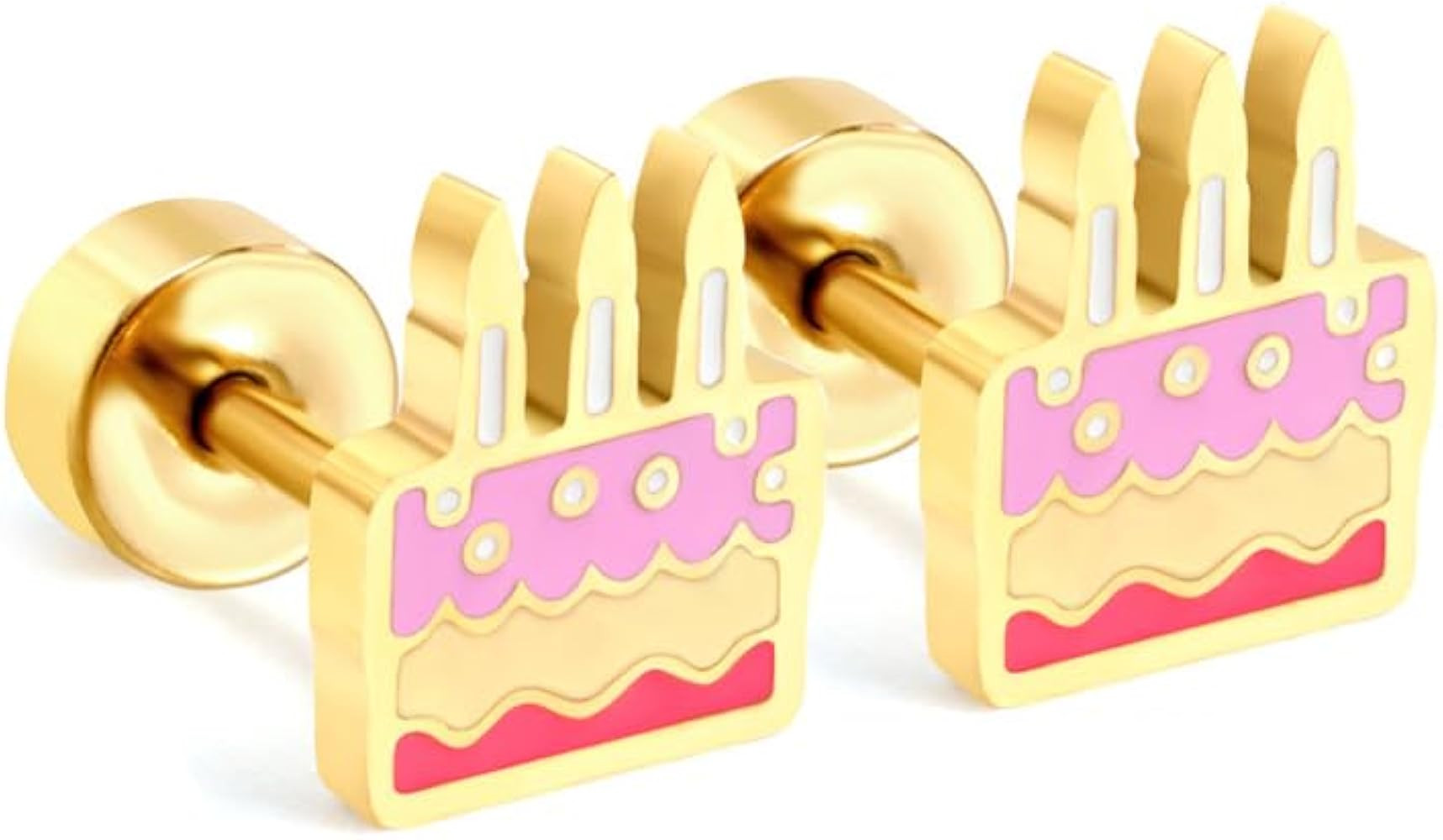 20g Birthday Cake Flat Screw Back Small Stud Earrings for Women Minimalist Cute Stainless Steel H... | Amazon (US)