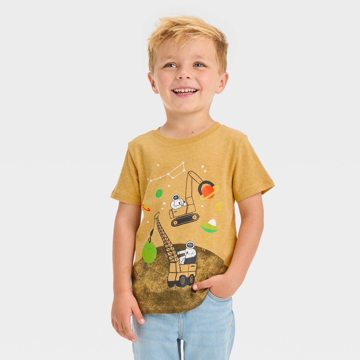 Toddler Boys' Space Construction Short Sleeve Graphic T-Shirt - Cat & Jack™ Brown/Mustard Yello... | Target