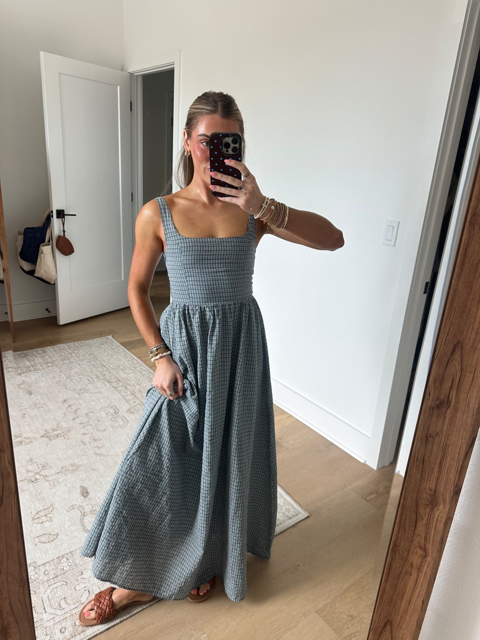 @Princess Polly US  size 2 Cartmel Check Maxi Dress Navy. My shoes are @Fitory brown sandals 

#LTKdayinmylife #LTKSeasonal #LTKootd
