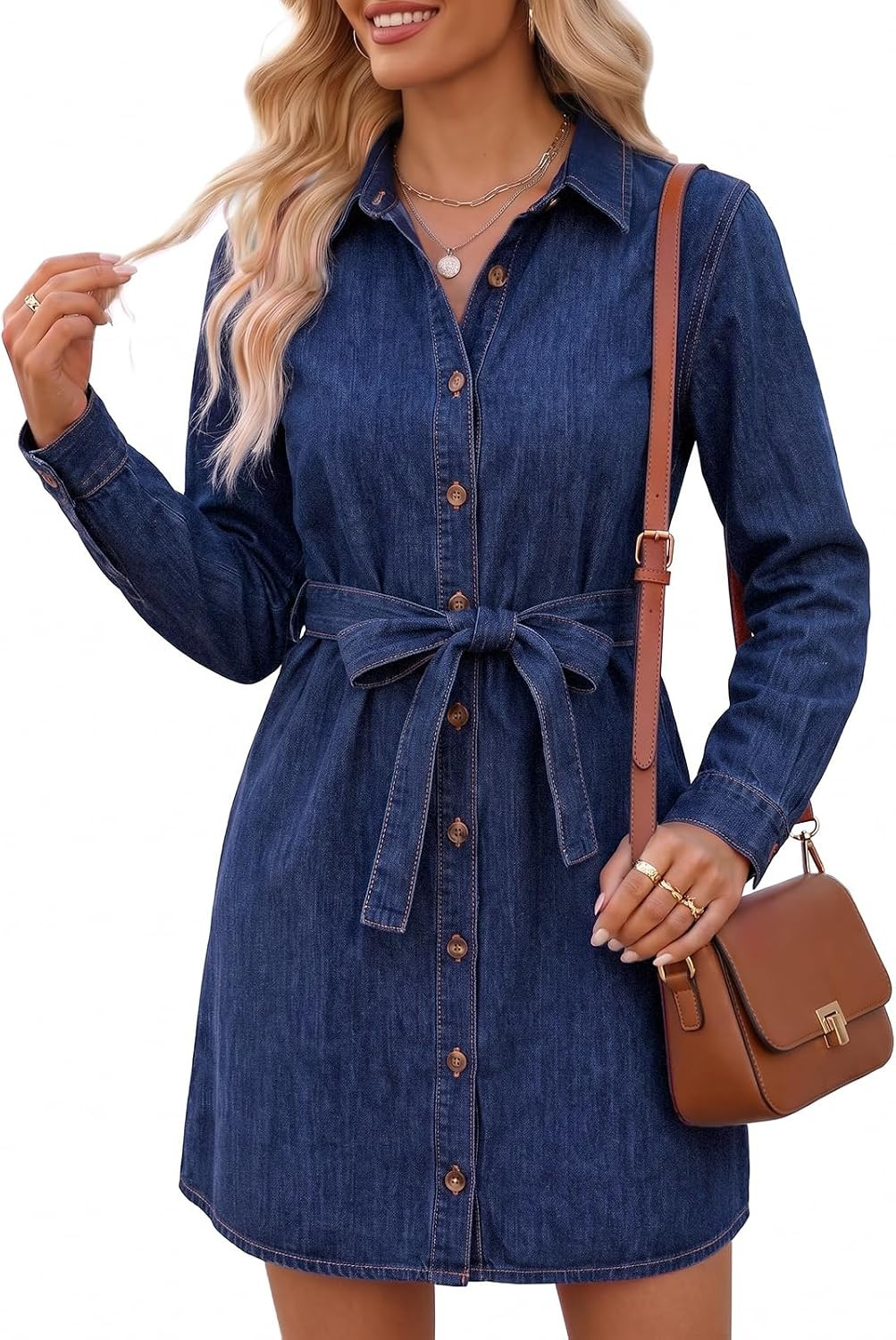Wenrine Womens Long Sleeve Denim Dress Button Down Western Jean Shirt Dress | Amazon (US)