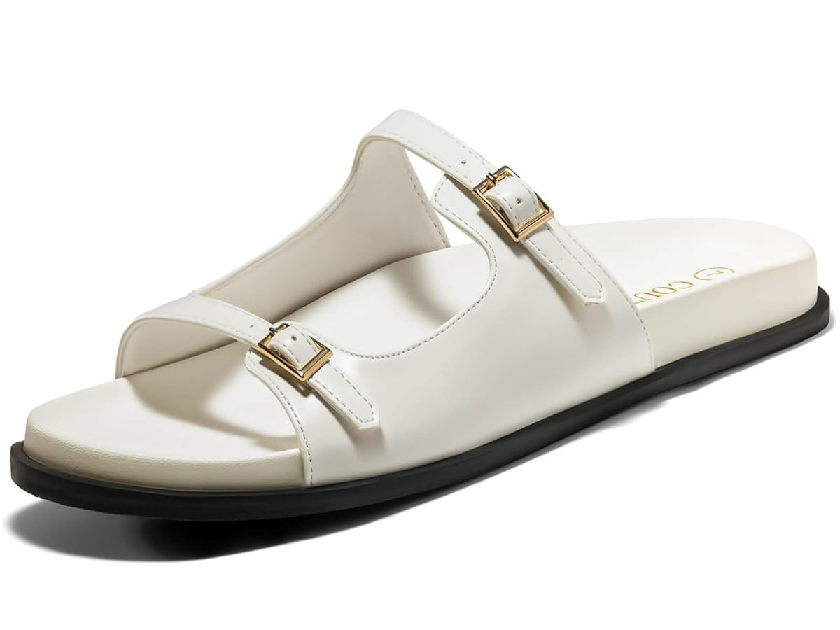 Coutgo Womens Flat Sandals Comfortable Wide Width Slides Double Strap Adjustable Buckle Slip on S... | Amazon (US)