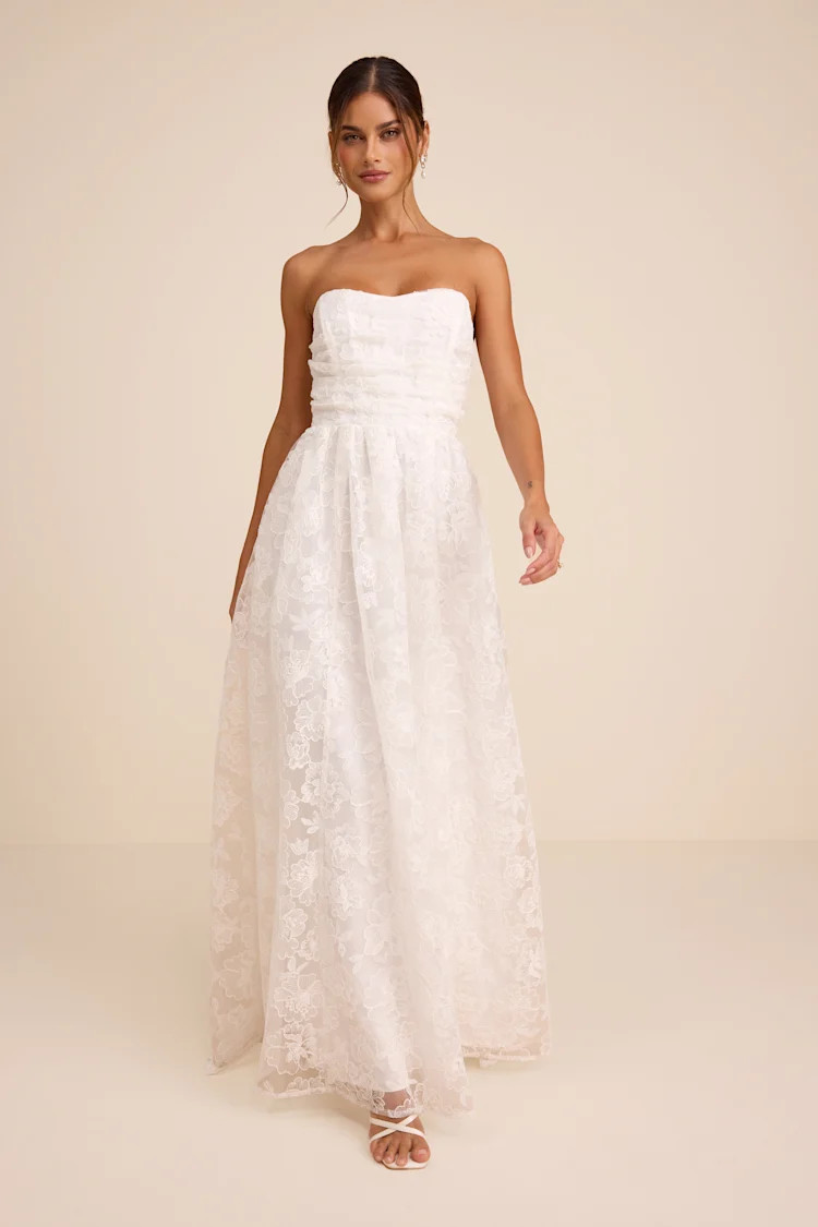 Roslyn White Embroidered Strapless Bustier Maxi Dress | Lulus