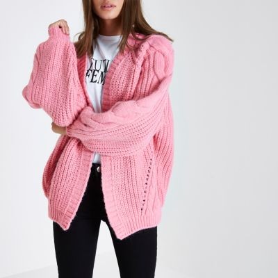 Pink balloon sleeve cable knit cardigan | River Island (UK & IE)