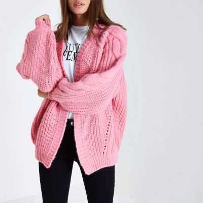 Pink balloon sleeve cable knit cardigan | River Island (US)
