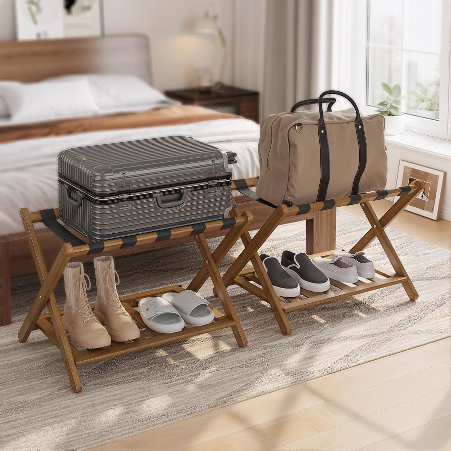 Smuxee Fully Assembled Black Walnut Luggage Racks Pack of 2, Upgraded Bamboo Foldable Suitcase St... | Amazon (US)