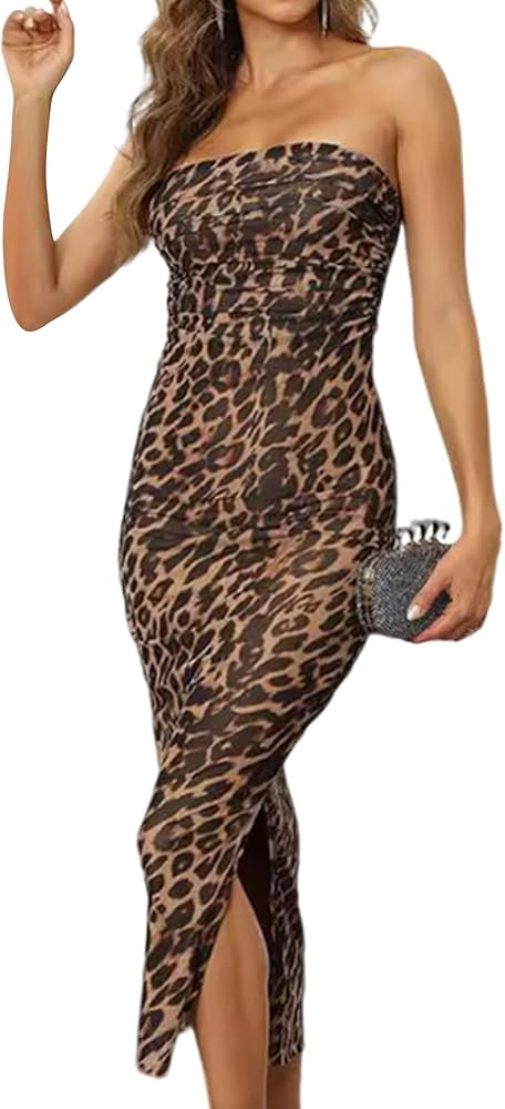 Femfady Women Summer Tube Strapless Double Lined Slit Mesh Bodycon Slim Ruched Midi Dress | Amazon (CA)