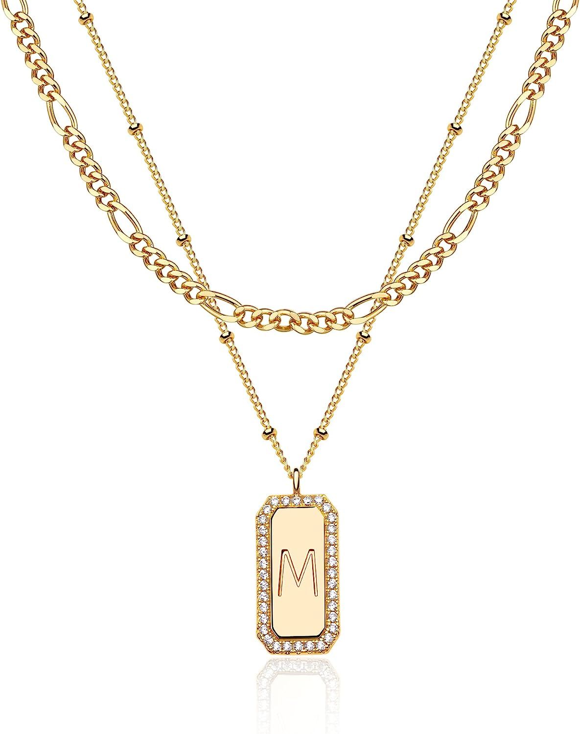 TONTMY STUDIOS Necklace for Women Gold Figaro Chain Choker Layered Set Initial Bar Rectangle Pendant | Amazon (US)