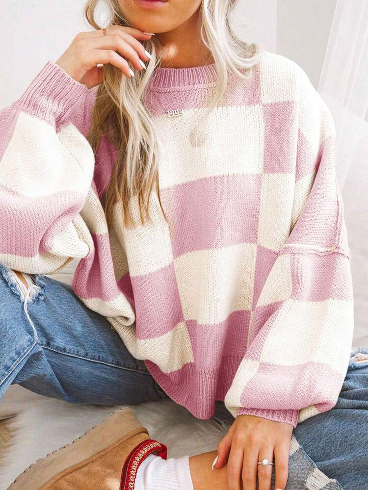 Checkered Pink Bishop Sleeve Elegant Sweater,Long Sleeve Tops | SHEIN