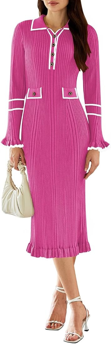 Pink Queen Women's Long Bell Sleeve V Neck Sweater Dresses Button Ribbed Knit Slim Fit Skinny Ele... | Amazon (US)