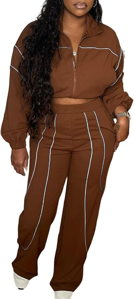 Sweatsuits Women 2 Piece Outfit Striped Tracksuit Set Crop Long Sleeve Zipper Jackets and Wide Le... | Amazon (US)