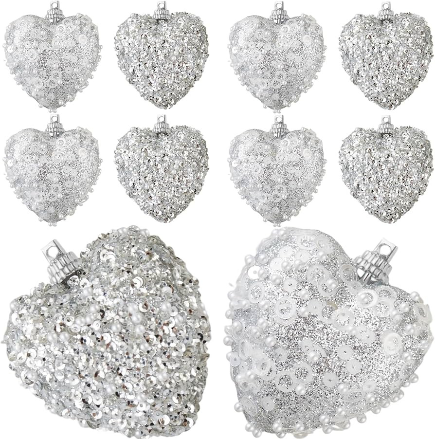 Silver Christmas Ball Ornaments 10Pcs Glitter Sequin Heart Shaped Baubles Decoration Valentines P... | Amazon (US)