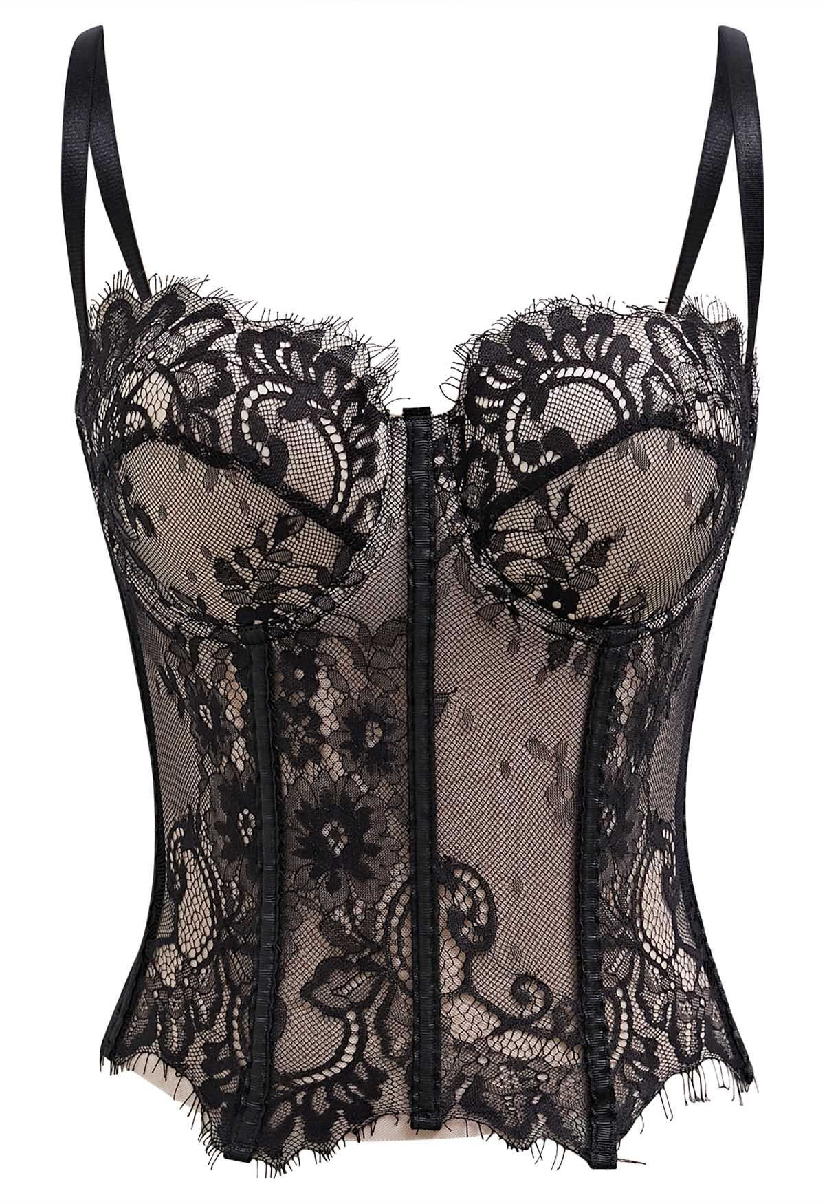 Floral Lace Corset Mesh Bra Top in Black | Chicwish