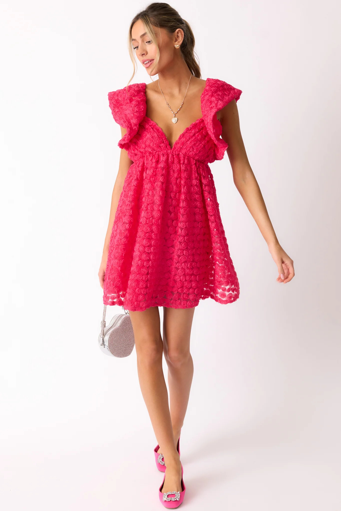 Blooming Love Hot Pink Flutter Sleeve Mini Dress | Red Dress