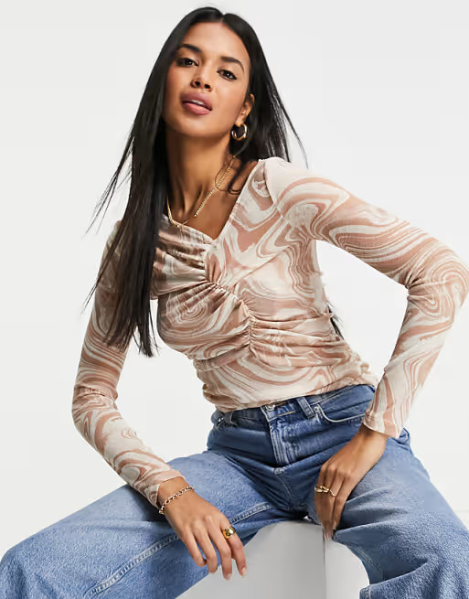 River Island long sleeve asymmetric marbled mesh top in beige | ASOS (Global)