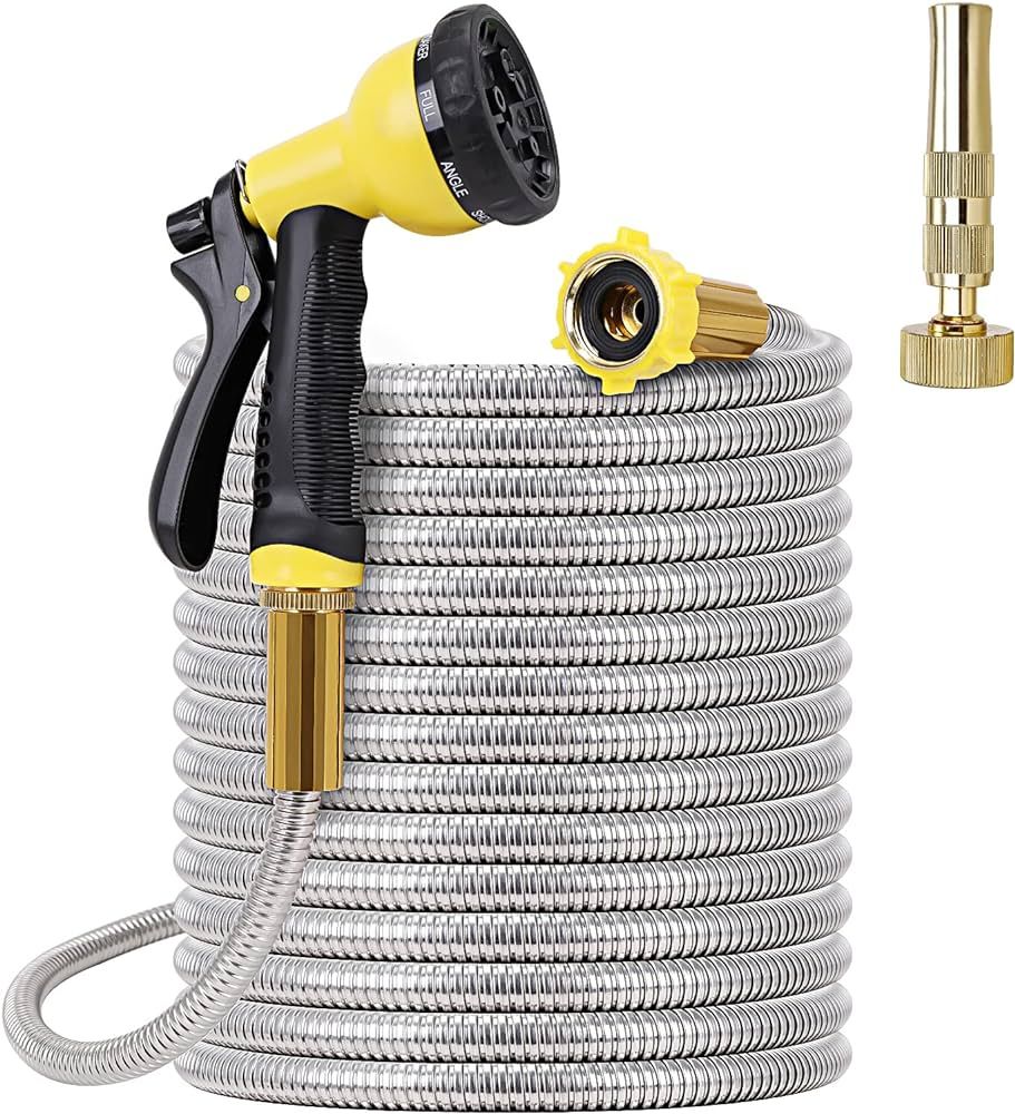 Metal Garden Hose 100FT - Stainless Steel Heavy Duty Water Hose with Solid Metal Nozzle & 8 Funct... | Amazon (US)