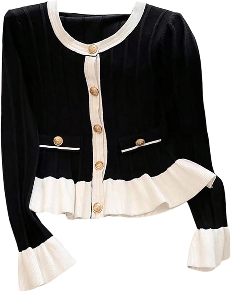 Verdusa Women's Elegant Button Up Cardigan Sweaters Colorblock Ruffle Knit Outwear Formal Outfits | Amazon (US)
