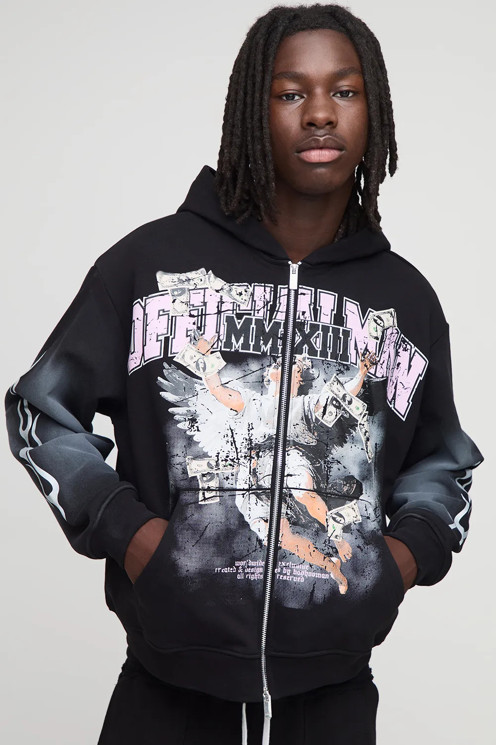 Oversized Boxy Glitter Print Spray Wash Graphic Zip Up Hoodie | boohooMAN (US & Canada)
