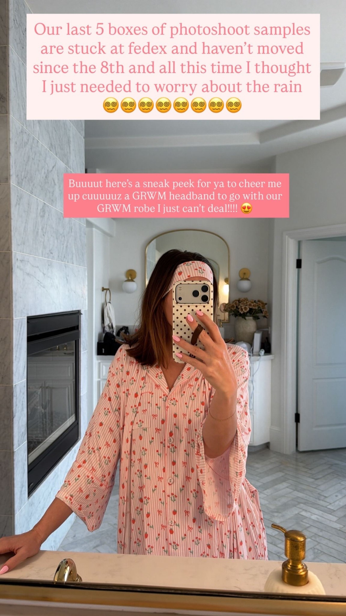 Our last 5 boxes of photoshoot samples are stuck at fedex and haven’t moved since the 8th and all this time I thought I just needed to worry about the rain 
😵‍💫😵‍💫😵‍💫😵‍💫😵‍💫😵‍💫😵‍💫😵‍💫 Buuuut here’s a sneak peek for ya to cheer me up cuuuuuz a GRWM headband to go with our GRWM robe I just can’t deal!!!! 😍