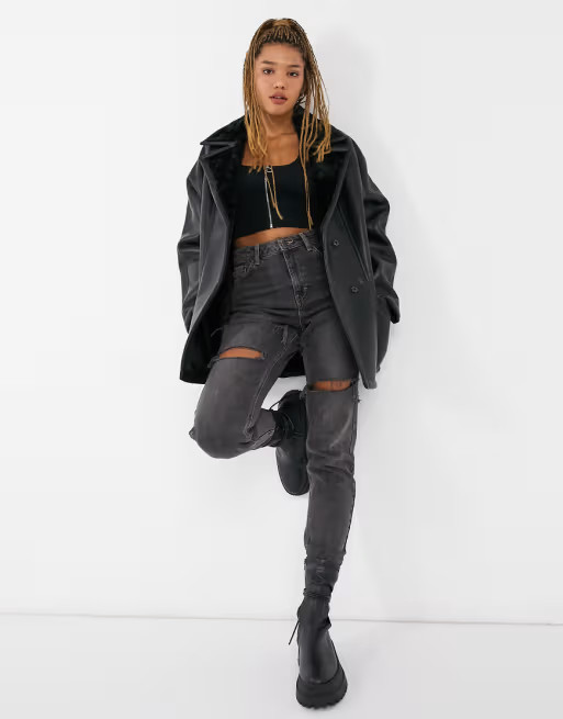 ASOS DESIGN luxe borg belted jacket in black | ASOS (Global)