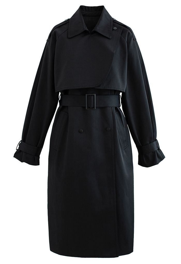 Stud Button Storm Flap Trench Coat in Black | Chicwish