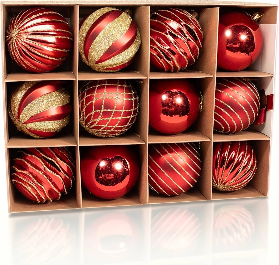 12PCS Red Gold Christmas Ball Ornaments, 3.15" Large Shatterproof Plastic Hand-Painted Glitter Xm... | Amazon (US)