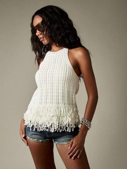 MISSGUIDED Knit Tank Top Ribbed Fringe Hem Sweater Vest Festival Beach Summer Spring Casual Bohem... | SHEIN