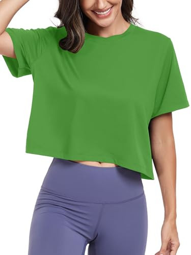 KevaMolly Grass Green Workout Crop Tops for Women Loose Fit UPF50+ Breathable Yoga T Shirts Running Athletic Cropped Workout Tops L | Amazon (US)