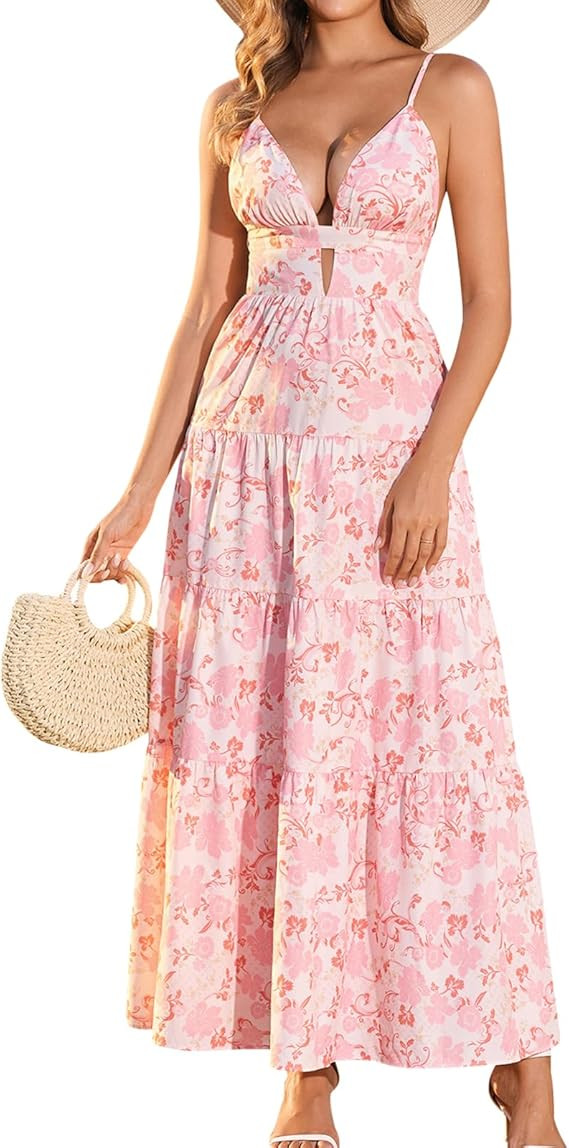 GLNEGE Summer Floral Wedding Guest Maxi Dress Spaghetti Straps V Neck Flowy Beach Dresses Cutout ... | Amazon (US)