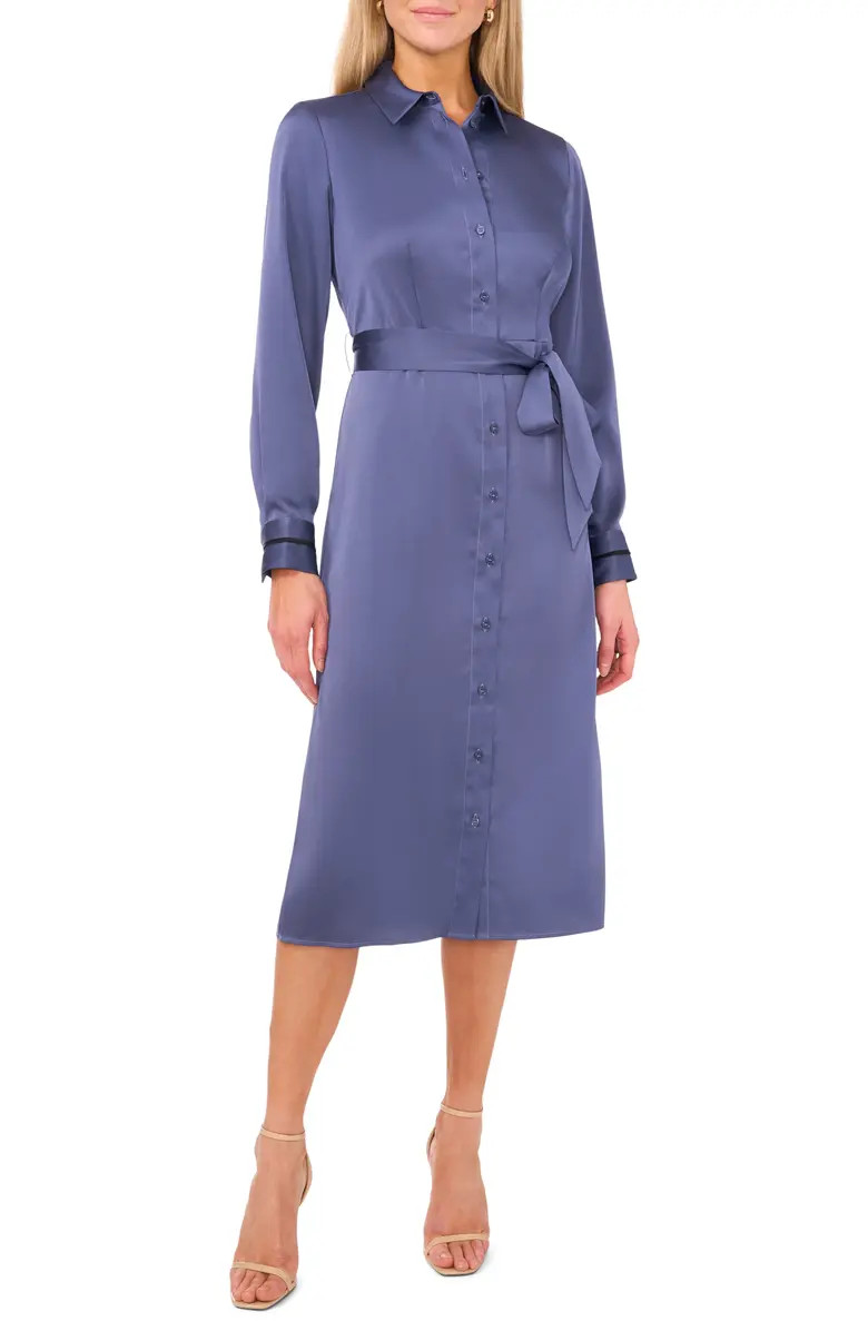 Halogen® Long Sleeve Satin Belted Shirtdress | Nordstrom | Nordstrom