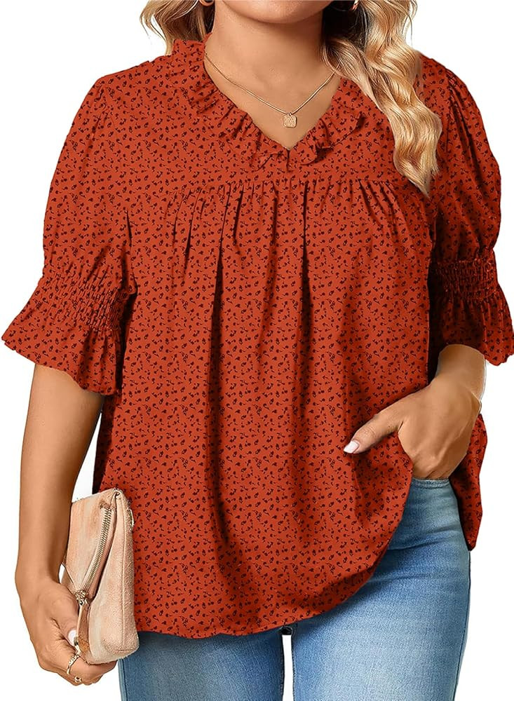 Eytino Plus Size Tops for Women Summer V Neck Short Sleeve Boho Floral Printed Flowy Chiffon Shir... | Amazon (US)