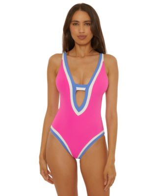 Becca Women's Rib Color-Block One-Piece Swimsuit - Black/tan | Macy's