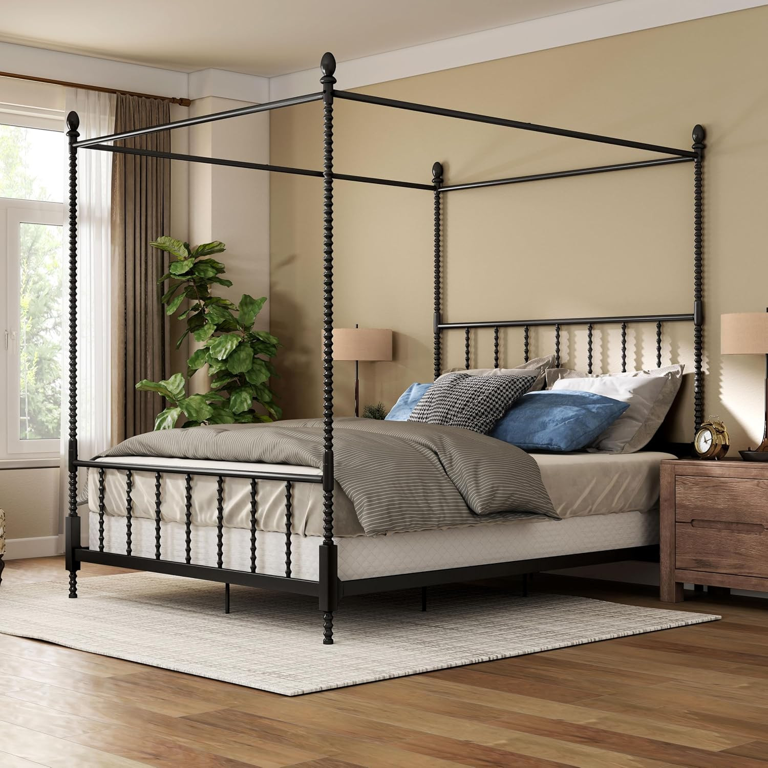 Furniture of America Vaeli Modern Metal Queen Size Four Poster Bed Frame with Spindles, Canopy Bedframe for Bedroom, Guest Room, Box Spring Required, Black | Amazon (US)