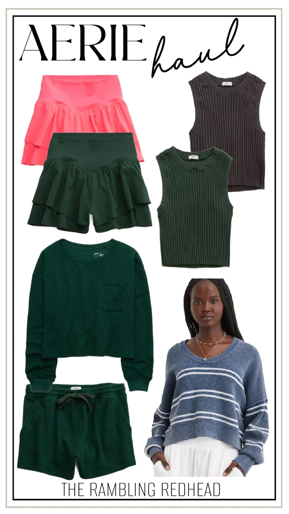 These are the items from my most recent Aerie haul! I LOVE this blue sweater even though it’s hot outside…I don’t even care. That’s how cute it is! 😂 

I also got that green lounge sweatshirt and shorts in grey and love them both! 😍

#LTKGiftGuide #LTKSeasonal #LTKfitness