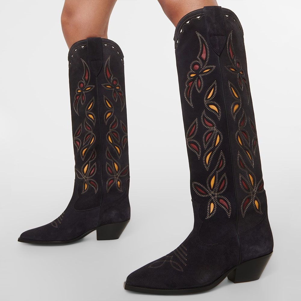 Black Vegan Suede Cutout Embroidered Knee High Cowboy Boots for Women | FSJshoes