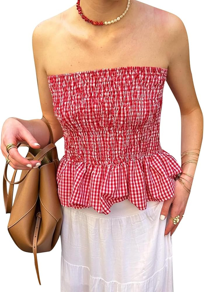 Gingham Top Y2k Ruffle Women Sleeveless Strapless Sexy Off Shoulder Smocked Peplum Babydoll Plaid... | Amazon (US)