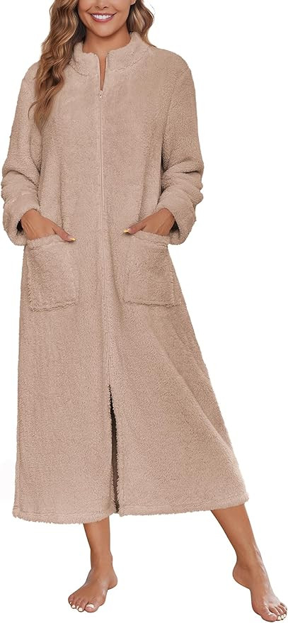 Ekouaer Women Zipper Robe Fleece Long Sleeves Bathrobe Sleepwear Warm Soft Housecoat with Pockets... | Amazon (US)