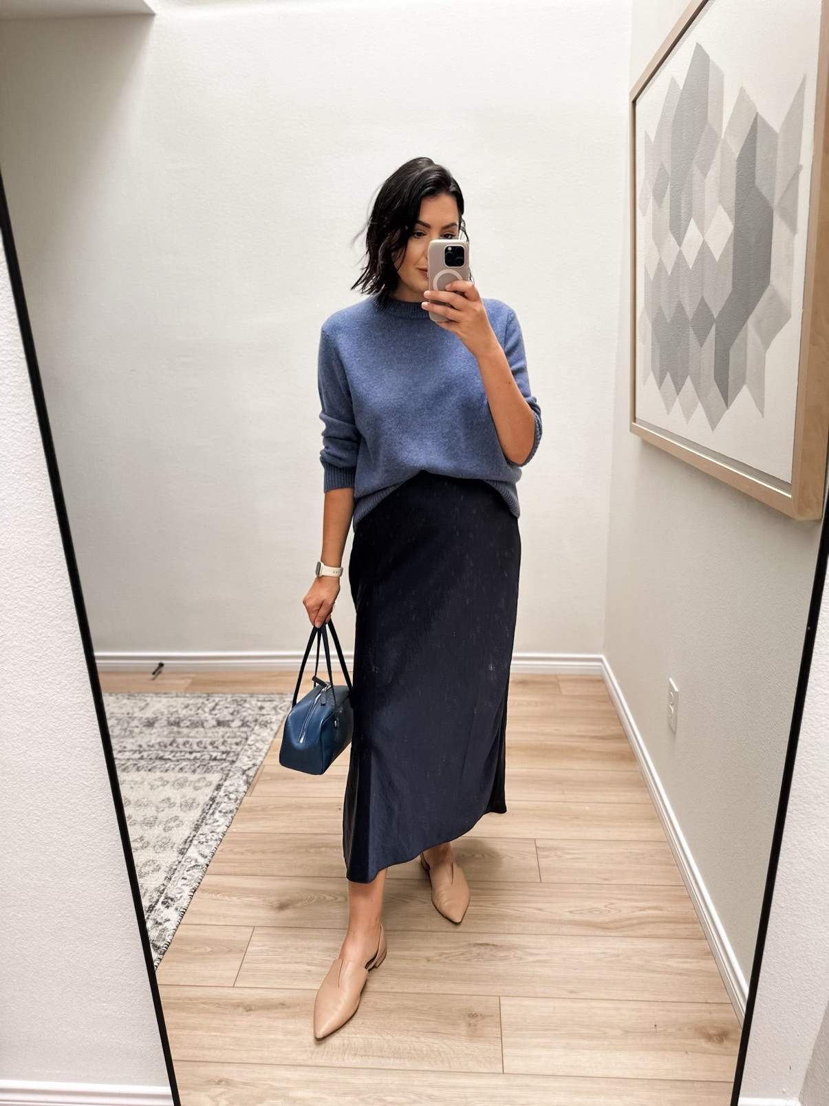 I copped this outfit from my Quince try-on earlier last week. I LOVED how all the blues played off of each other, so gorgeous. It’s still a little warm for a sweater but I didn’t mind in the a/c. By the way, I’m finding myself reaching for this skirt a lot, since I’ve bought it. A little navy goes a long way.

PS: this sweater in THIS color is back!! Find it on Quince here. AND my bag is an extra 60% off! Find it here. 

 