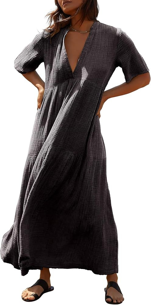 Gacaky Summer Dress for Women Casual Short Sleeve Deep V Neck Sundress Flowy Loose Beach Long Dre... | Amazon (US)