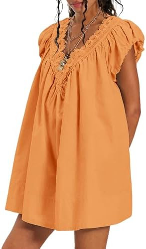 OWNGIGI Women's Summer Dresses 2026 V Neck Scalloped Trim Puff Sleeve A Line Casual Party Dress w... | Amazon (US)
