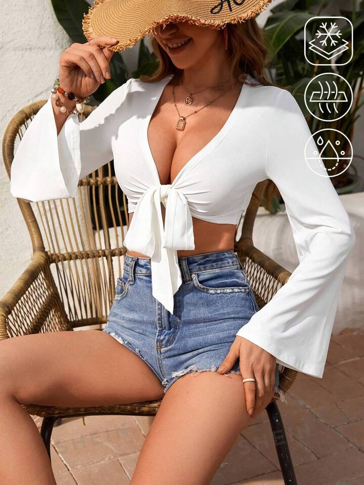 SHEIN VCAY Women's Solid Color Vacation Moisture-Wicking Knitted Mid-Rise Wrap Short Flare Long S... | SHEIN