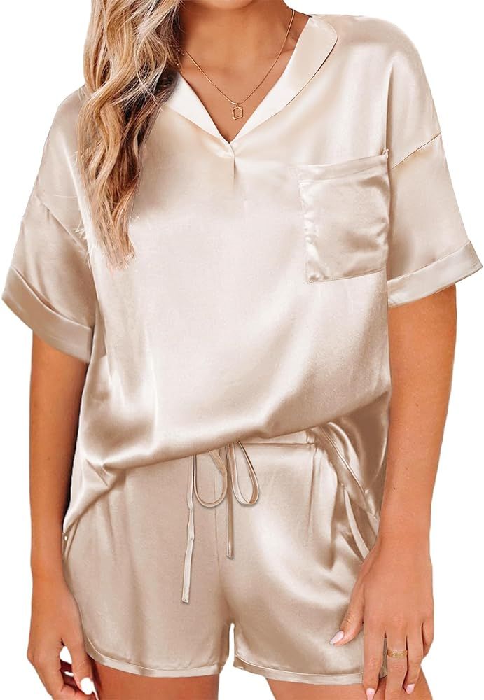 Ekouaer Women's Satin Pajama Sets Silk V-Neck Sleepwear 2 Piece PJ Sets | Amazon (US)