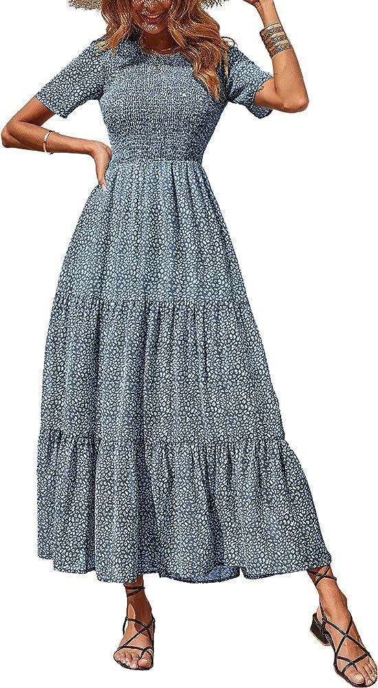 BTFBM Women Casual Short Sleeve V Neck Summer Dresses Floral Print Button Down Midi Dress Loose Boho | Amazon (US)