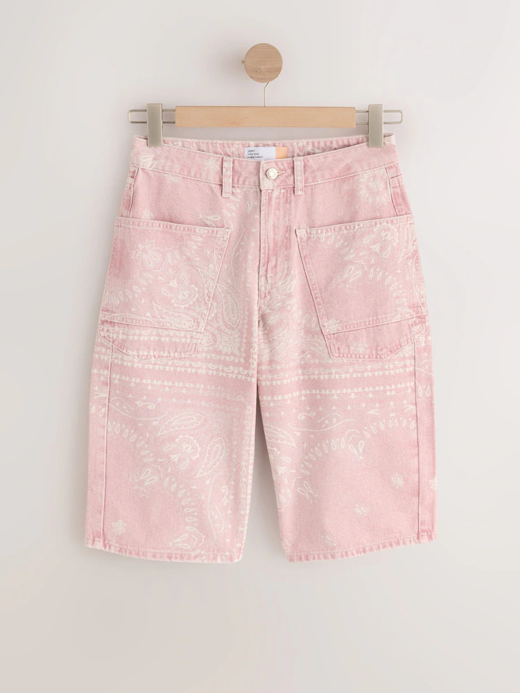 Pink Bandana Print Double Pocket Barrel Denim Jort Shorts | Next US