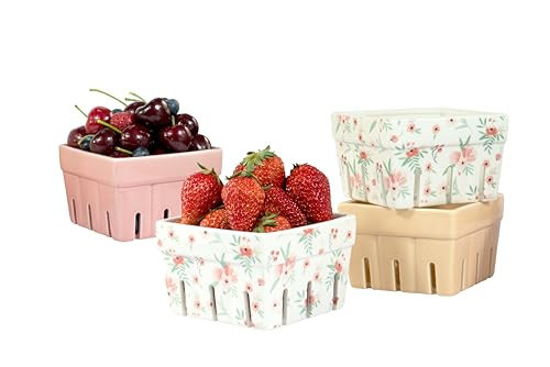 AELS Ceramic Berry Basket, Farmhouse Fruit Bowl Container for Fruit & Vegetables, Farmers Market, Pink Floral Pattern, Kitchen Decor, Stoneware Harvest Bowls, Set of 4 | Amazon (US)