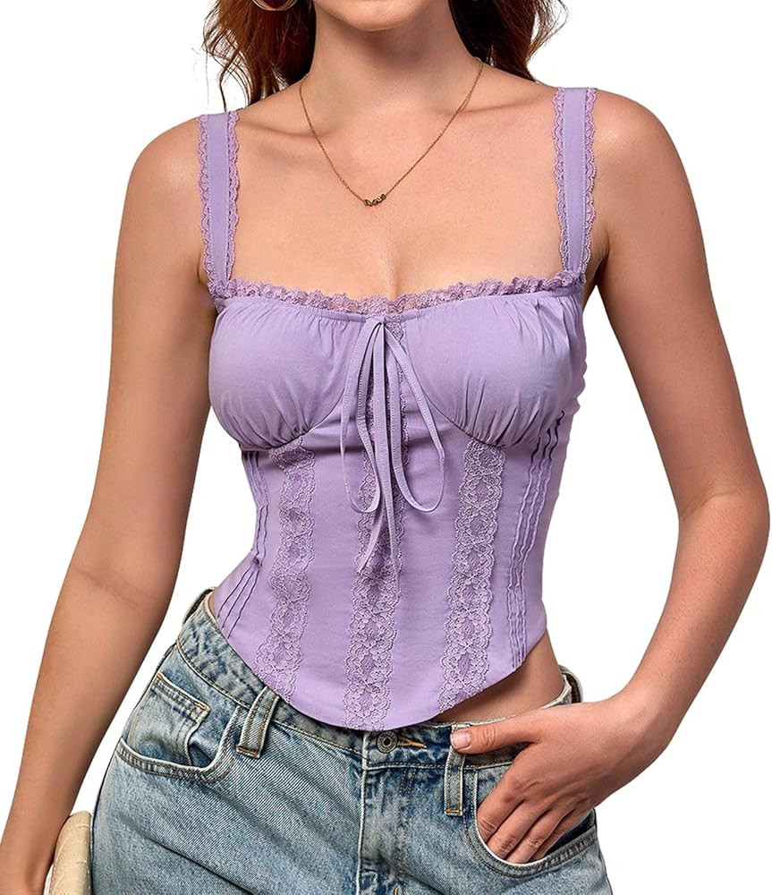 KUTUMAI Lace Corset Top Y2K Cute Square Neck Bustier Going Out Tank Crop Tops for Women Trendy Su... | Amazon (US)
