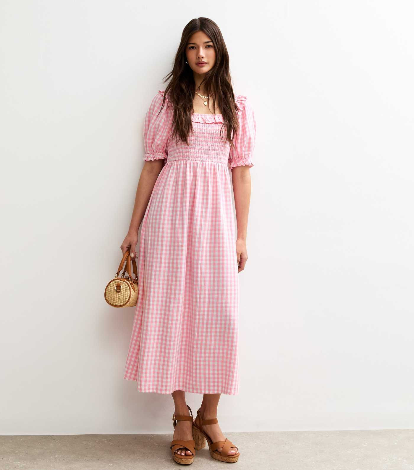 Pink Gingham Shirred Square Neck Midi Dress | New Look | New Look (UK)