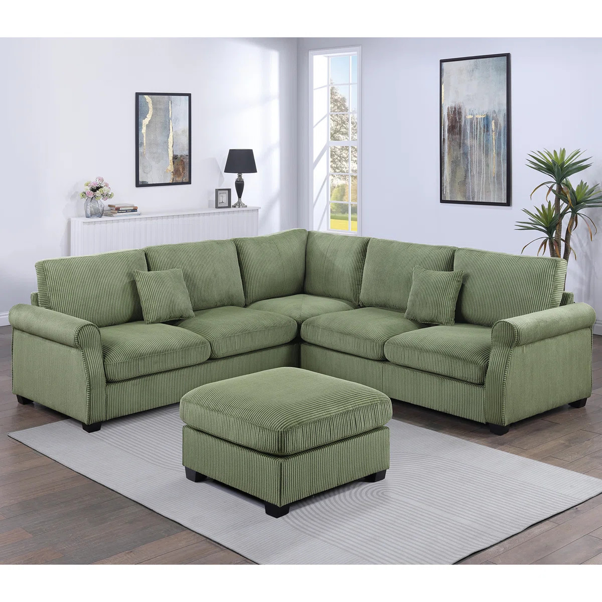 Srinav 4 Piece Corduroy Upholstered Sectional With 2 Pillows In Sage | Wayfair North America